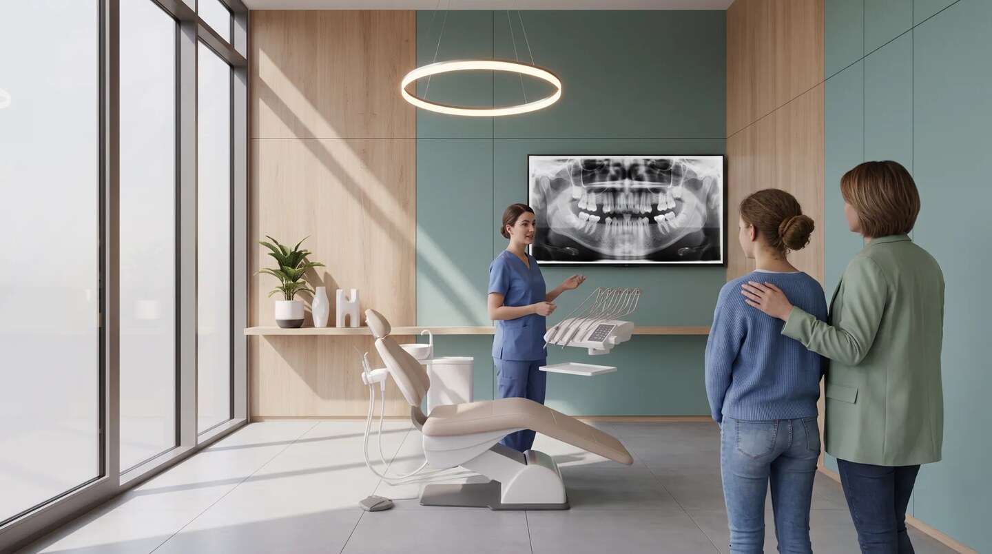 Orthodontiste présentant une radiographie panoramique à une adolescente et à sa mère dans un cabinet lumineux