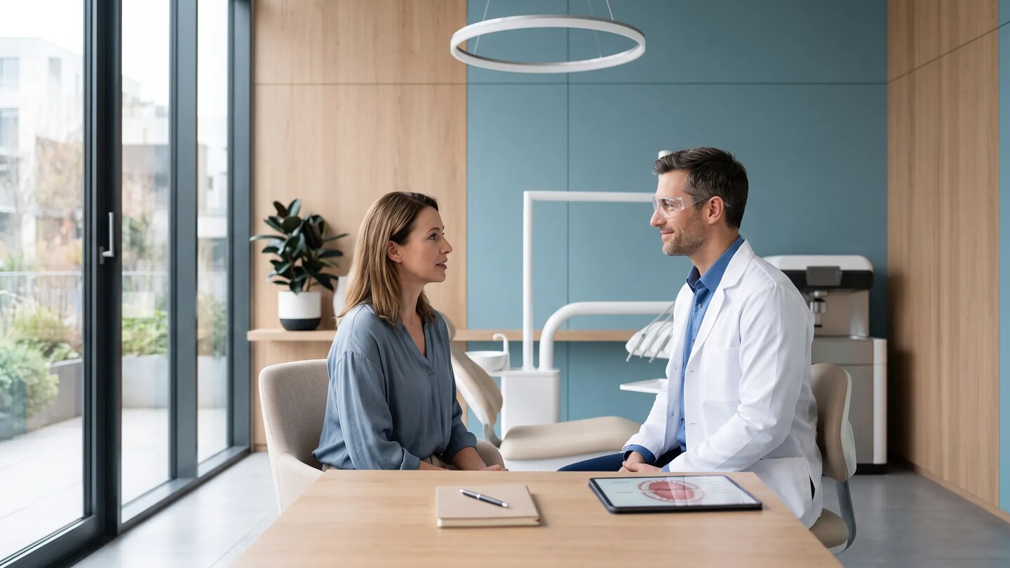 Patiente échangeant avec un chirurgien-dentiste dans un cabinet lumineux sans geste de soin