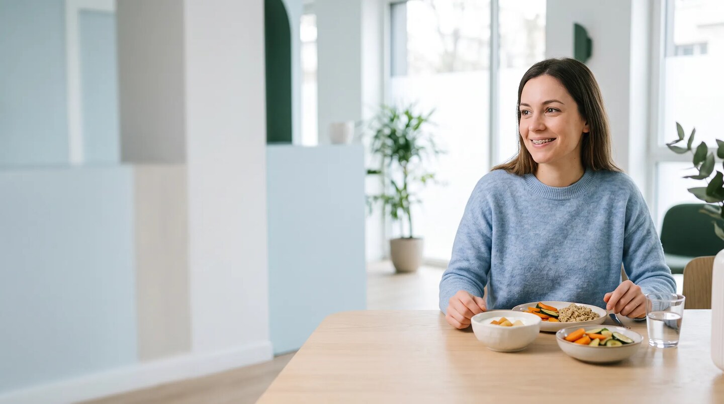 Jeune femme portant un appareil dentaire devant un repas composé d’aliments tendres dans un espace lumineux