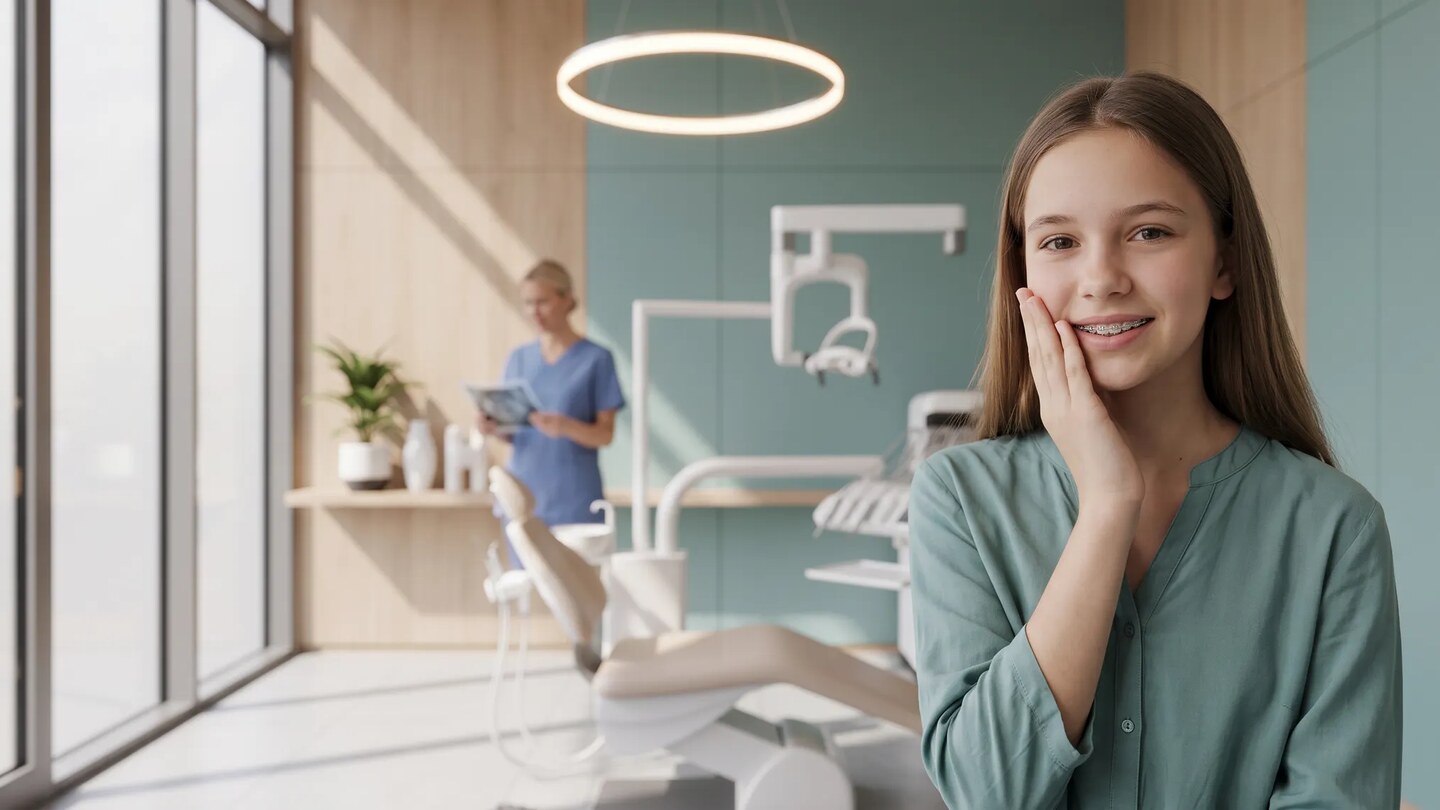 Adolescente portant des bagues et posant une main sur sa joue dans un cabinet orthodontique lumineux