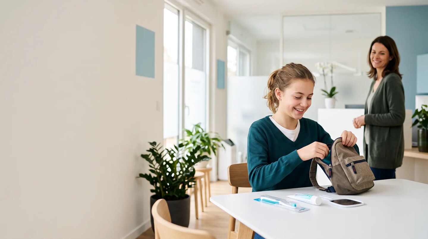 Adolescente préparant son sac d’école et sa trousse d’hygiène dentaire dans un cabinet lumineux
