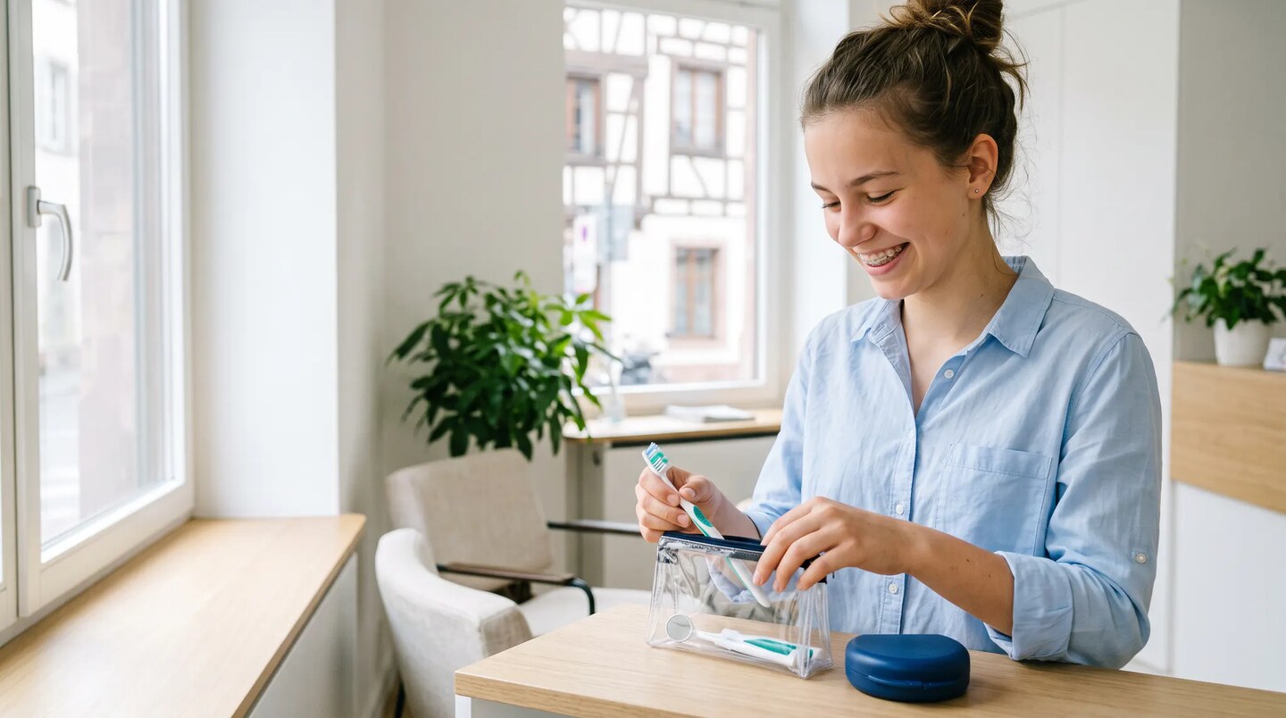 Adolescente portant un appareil orthodontique et préparant une trousse d'hygiène dentaire dans une pièce lumineuse