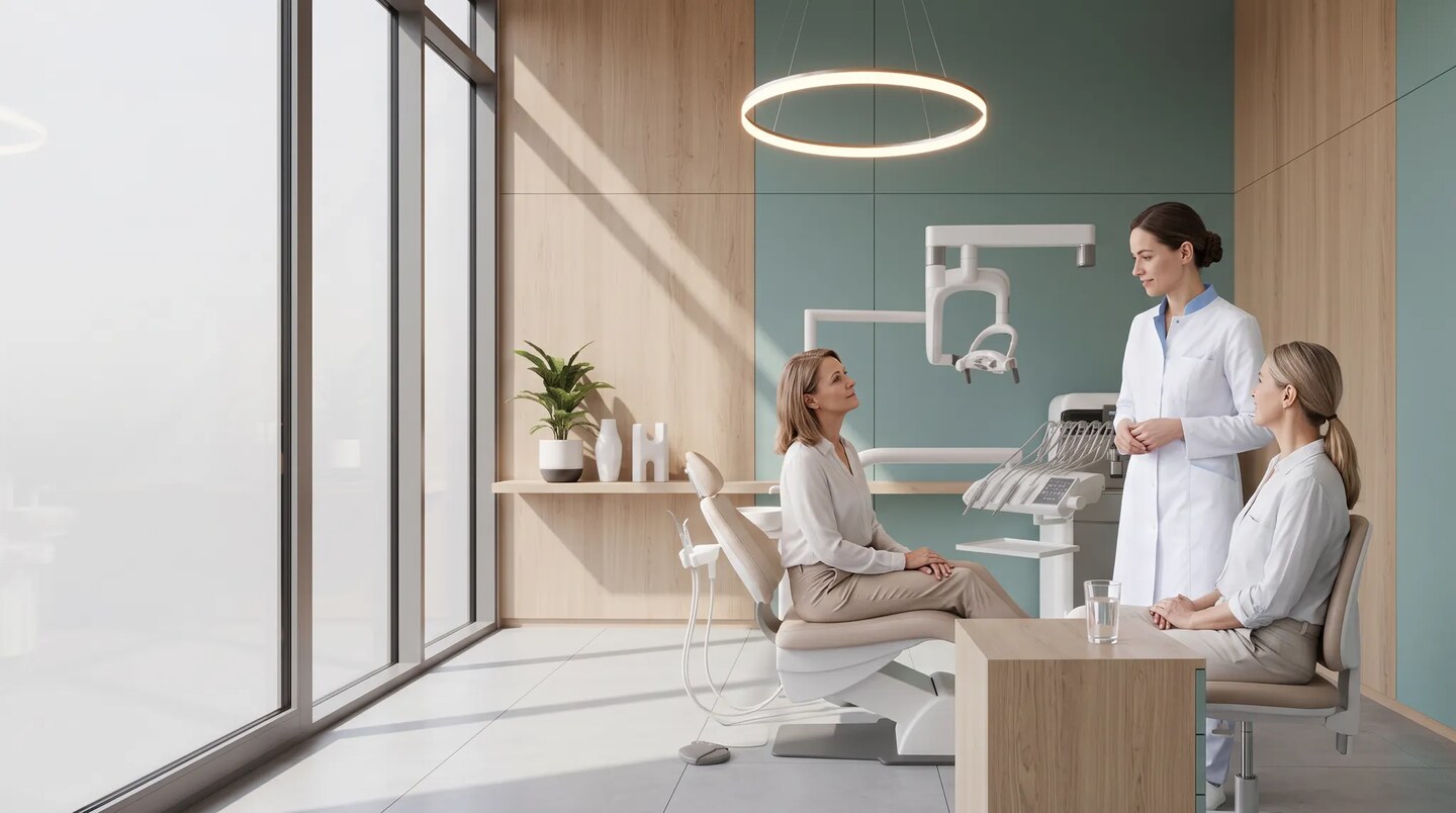 Patiente échangeant avec une chirurgienne-dentiste près d’un verre d’eau dans un cabinet lumineux