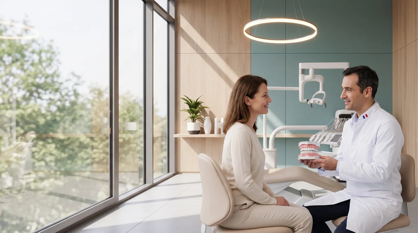 Chirurgien-dentiste présentant un modèle dentaire à une patiente dans un cabinet lumineux