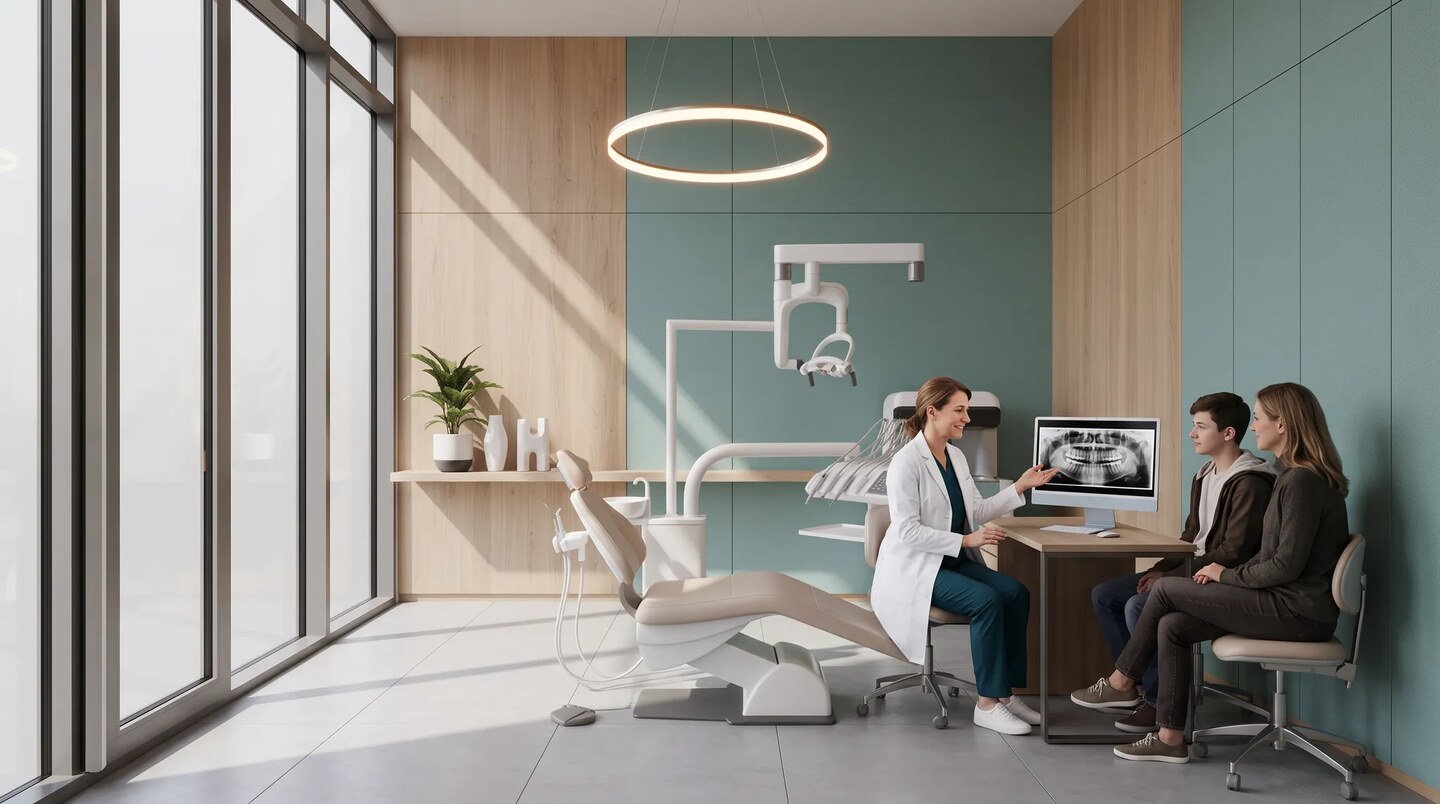 Orthodontiste présentant une radiographie panoramique à un adolescent et sa mère dans un cabinet lumineux