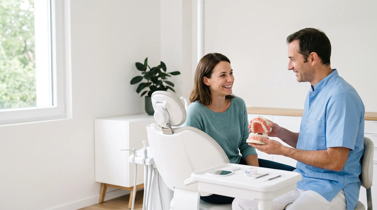 Chirurgien-dentiste présentant une maquette dentaire à une patiente dans un cabinet lumineux