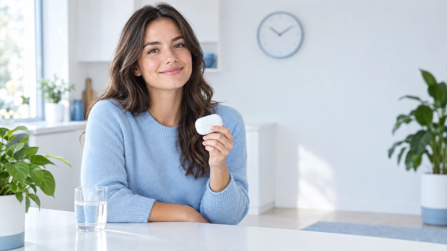 Une jeune femme souriante en pull bleu clair tient un petit boîtier blanc de rangement pour aligneurs, assise à une table blanche avec un verre d'eau dans une cuisine lumineuse