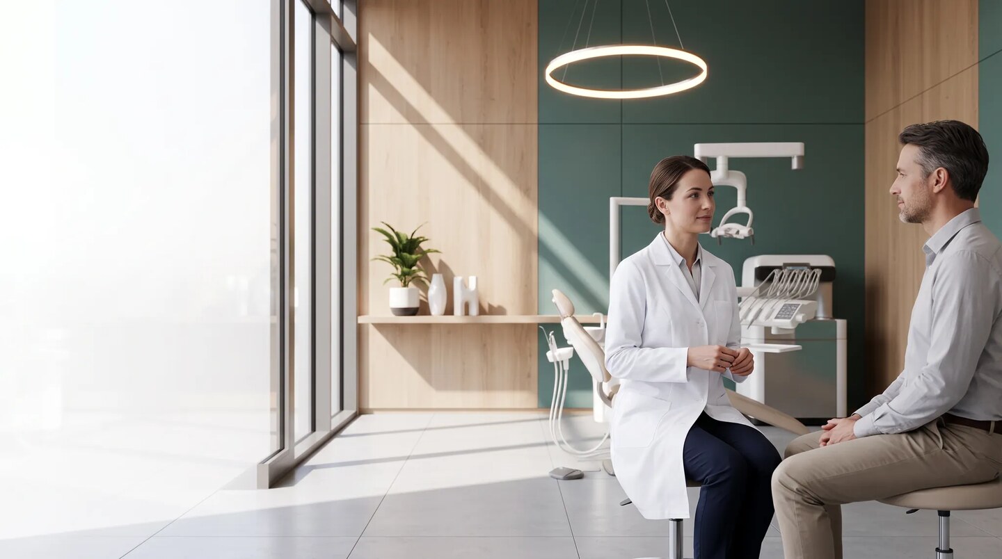 Patiente échangeant calmement avec une chirurgienne-dentiste dans un cabinet dentaire moderne et lumineux