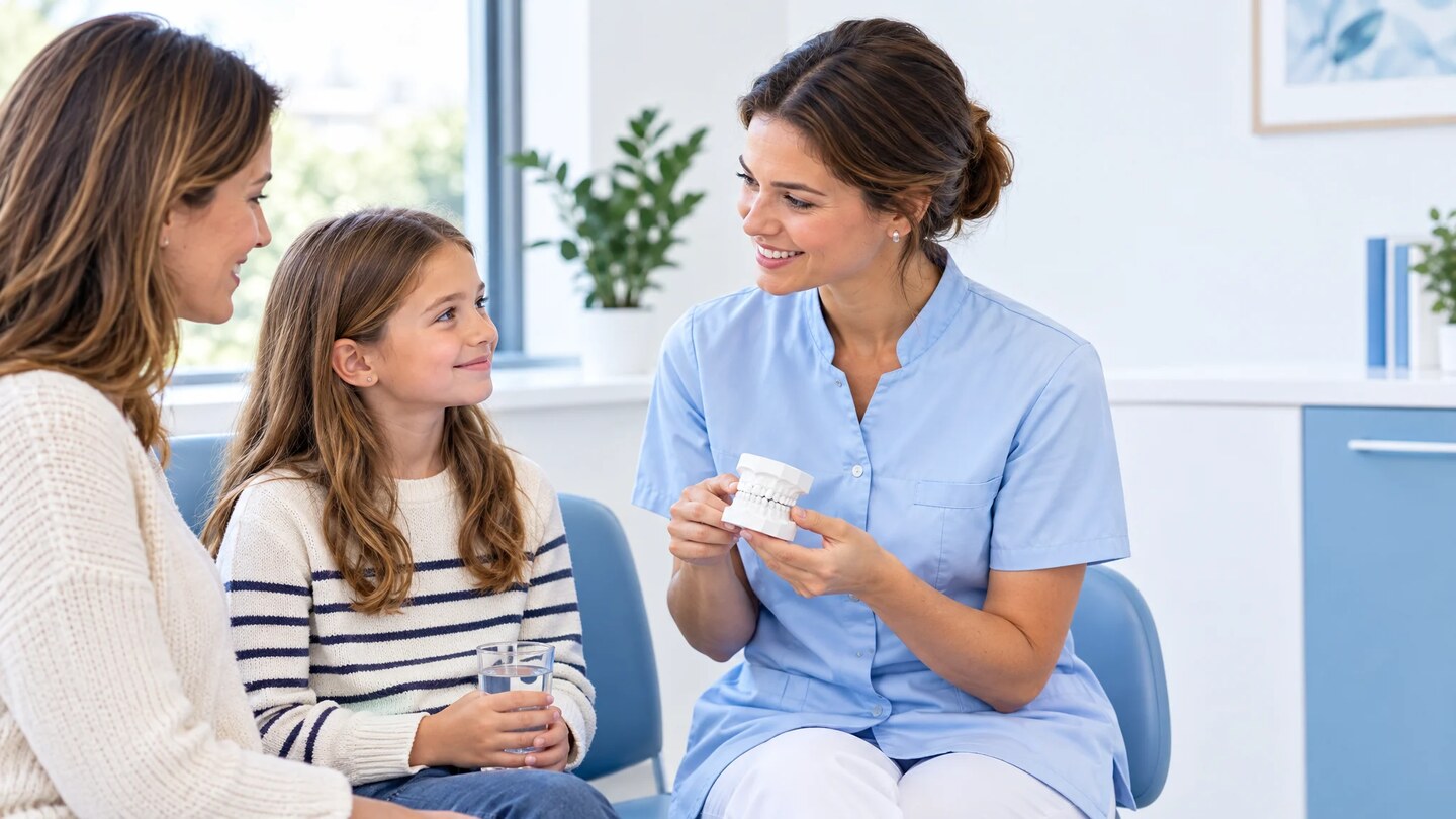 Une orthodontiste en tunique bleu clair montre un modèle dentaire à une fillette souriante tenant un verre d'eau, assise à côté de sa mère dans un cabinet lumineux