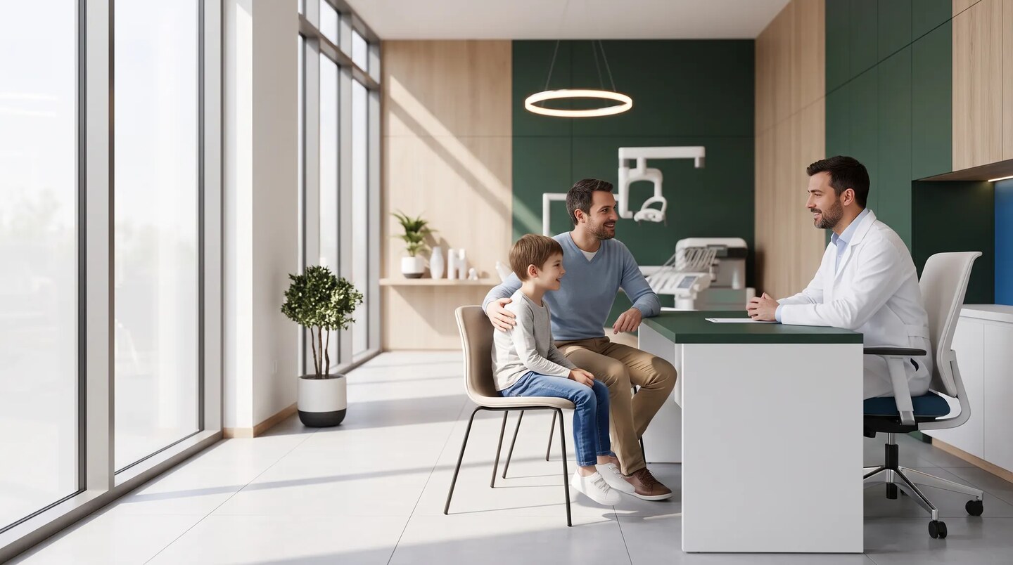 Un enfant et son père échangent sereinement avec un chirurgien-dentiste dans un cabinet lumineux