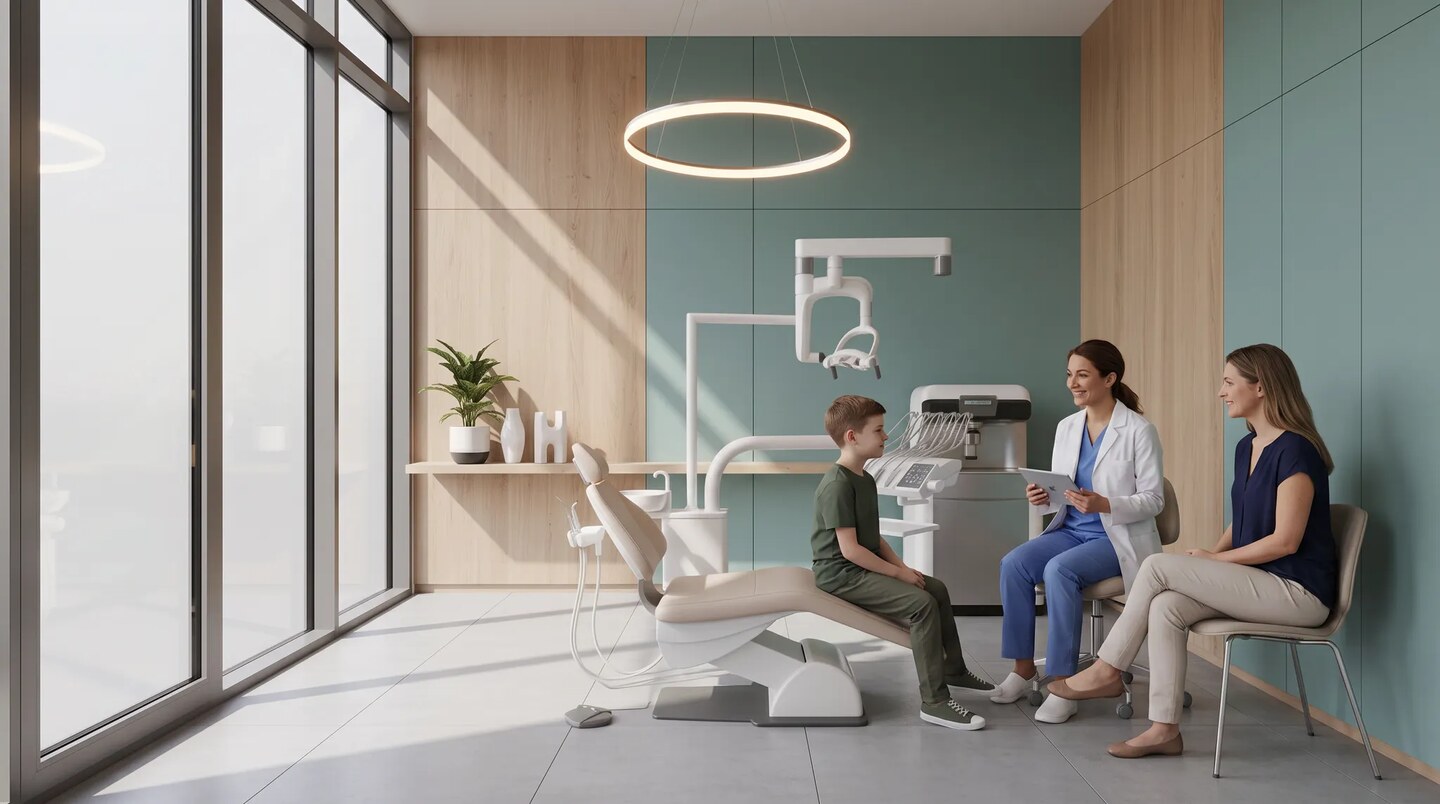 Enfant accompagné d’un parent échangeant calmement avec une orthodontiste dans un cabinet lumineux