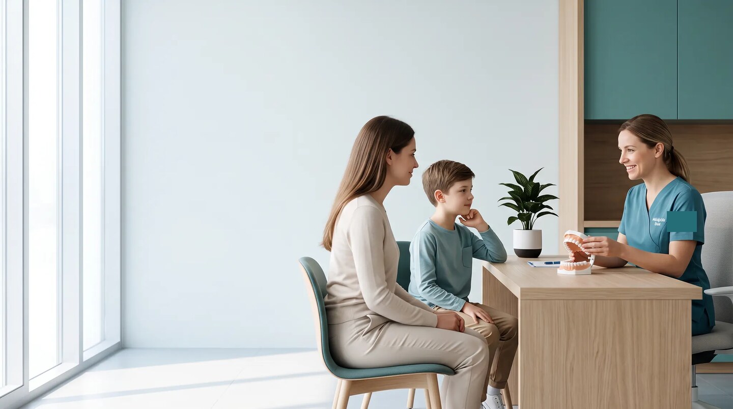 Une professionnelle de santé échange avec un enfant et sa mère autour d’un modèle dentaire dans un cabinet lumineux