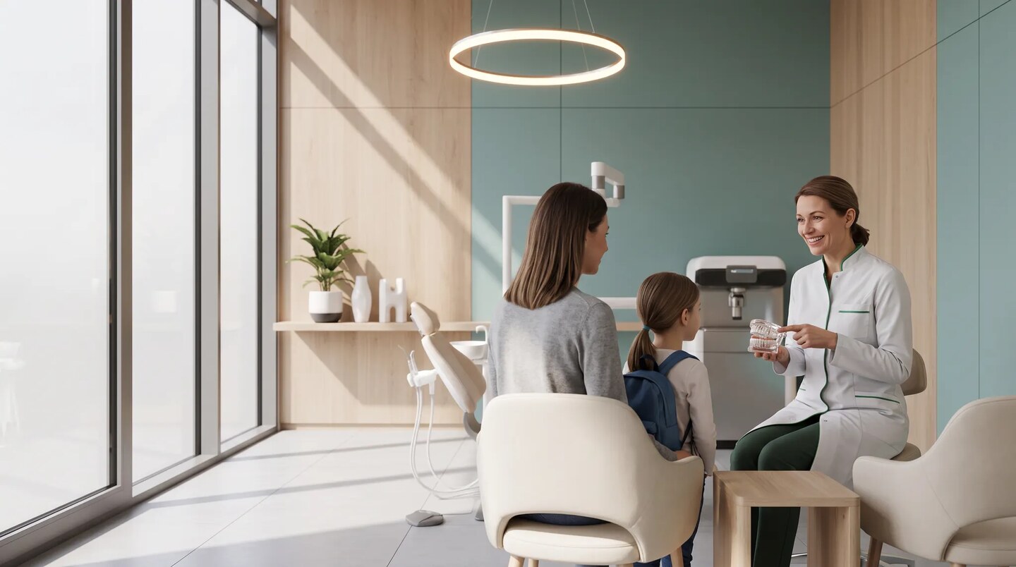 Orthodontiste présentant une maquette dentaire à un enfant et à sa mère dans un cabinet lumineux