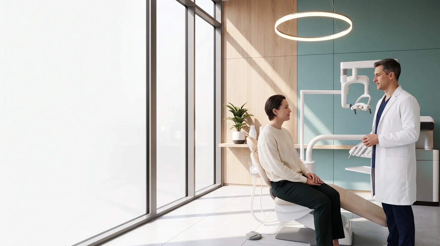 Patiente échangeant avec un chirurgien-dentiste dans un cabinet dentaire moderne et lumineux