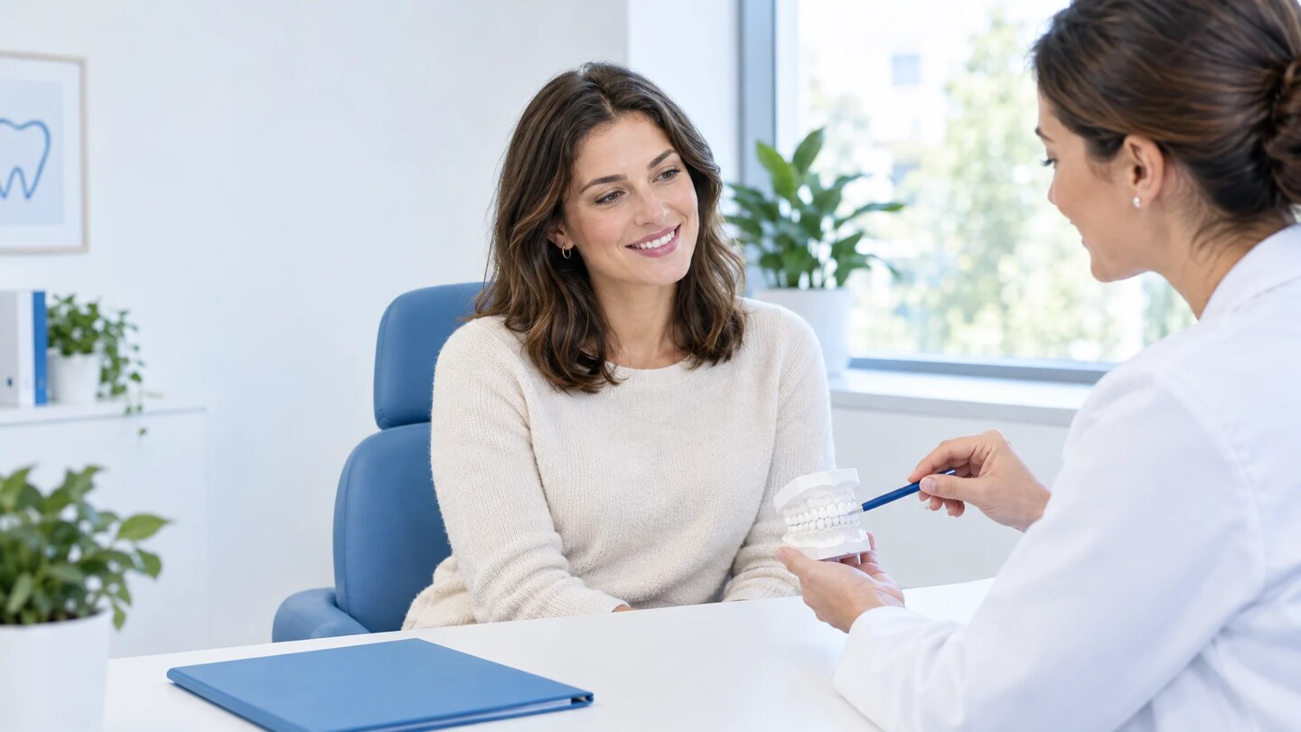 Orthodontiste montrant un modèle dentaire en plâtre à une patiente souriante dans un cabinet lumineux aux fauteuils bleus