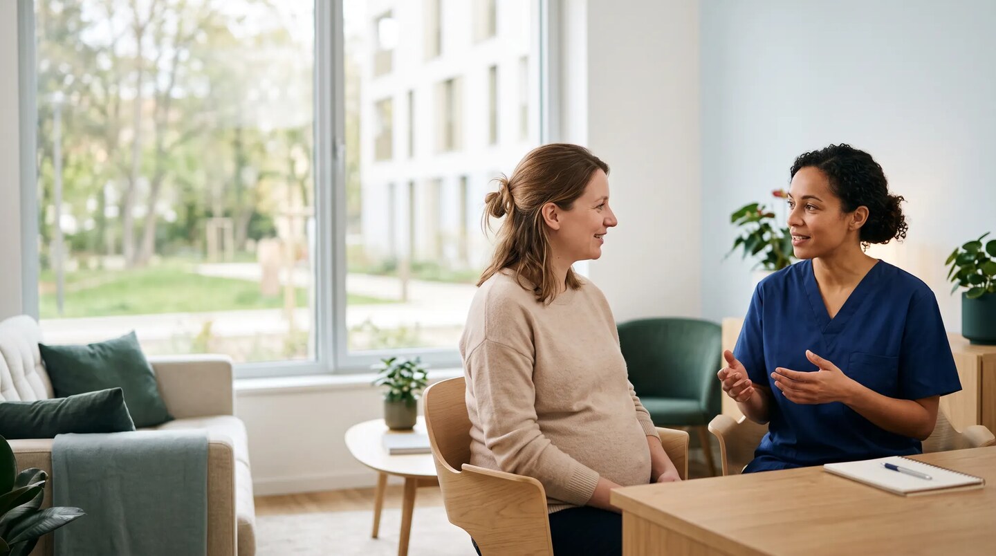 Femme enceinte échangeant avec une professionnelle de santé en tenue bleue dans un cabinet lumineux