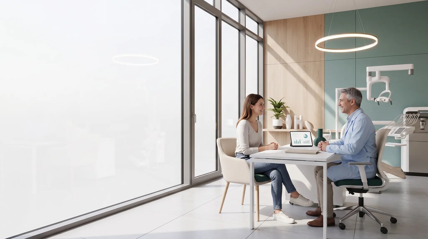 Une patiente échange avec un praticien dans un cabinet dentaire moderne et lumineux