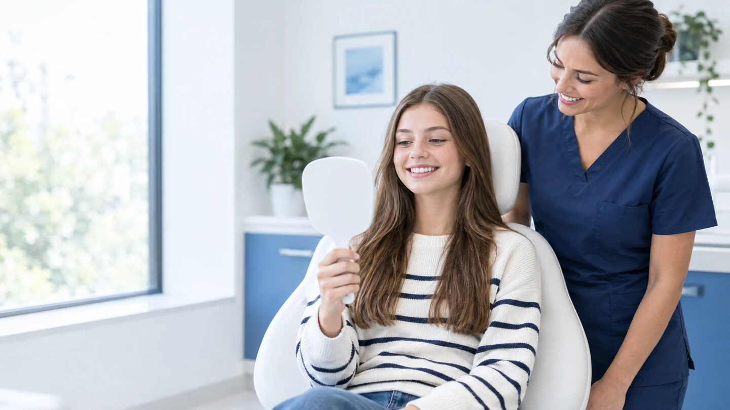 Adolescente souriante assise dans un fauteuil dentaire, tenant un miroir à main, aux côtés d'une praticienne en tunique bleue dans un cabinet lumineux