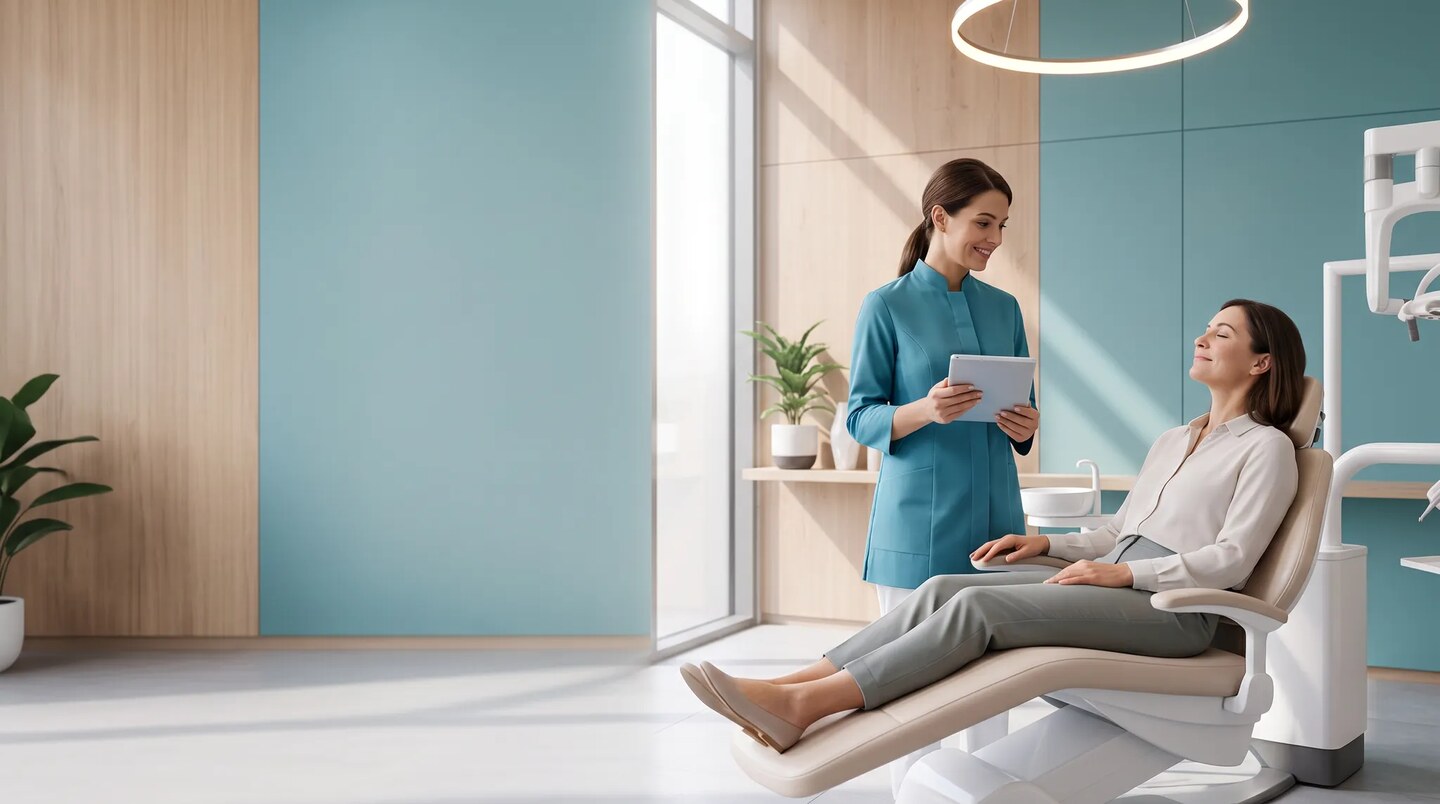 Patiente détendue échangeant avec une chirurgienne-dentiste dans un cabinet lumineux aux tons bleu et bois clair