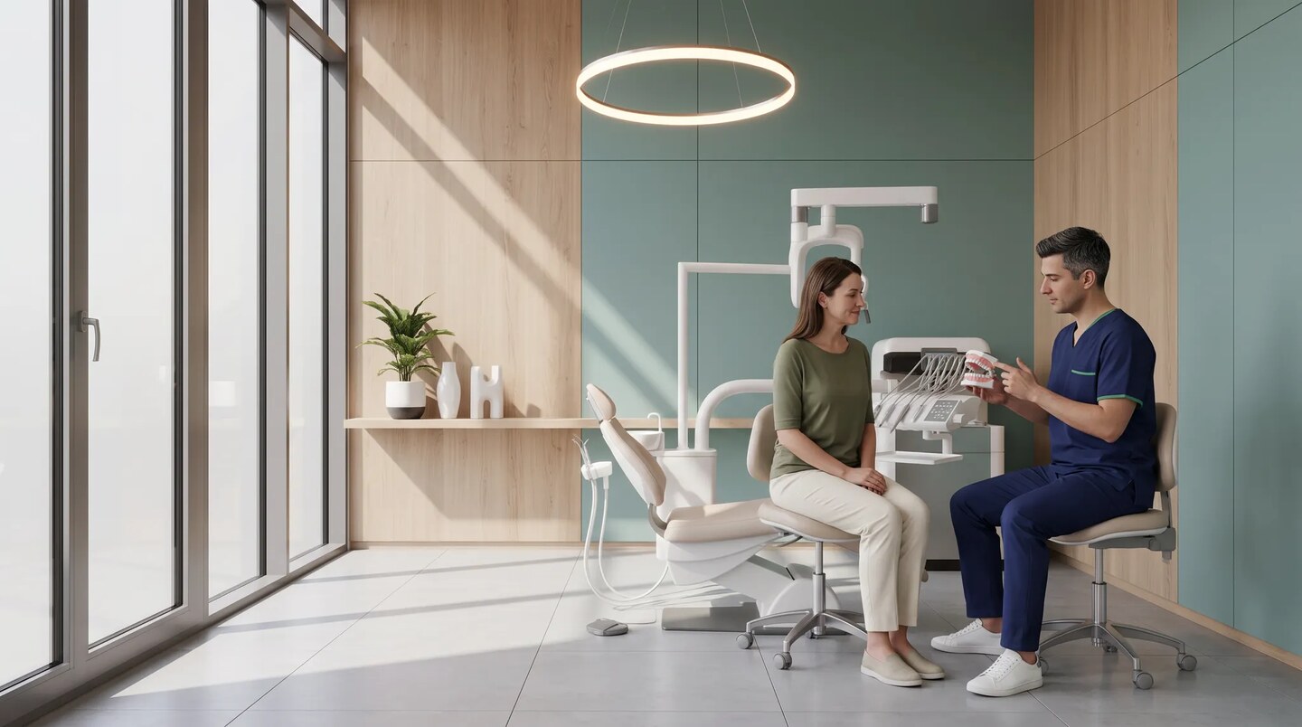 Chirurgien-dentiste présentant un modèle dentaire à une patiente dans un cabinet lumineux