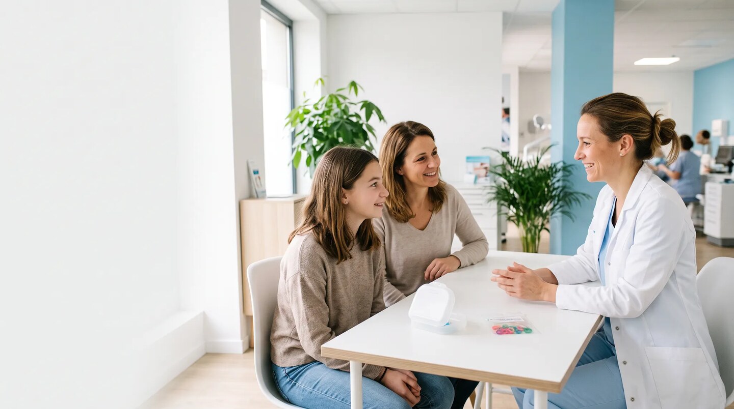 Adolescente et sa mère échangeant avec une orthodontiste dans un cabinet lumineux, avec un étui et des élastiques sur la table