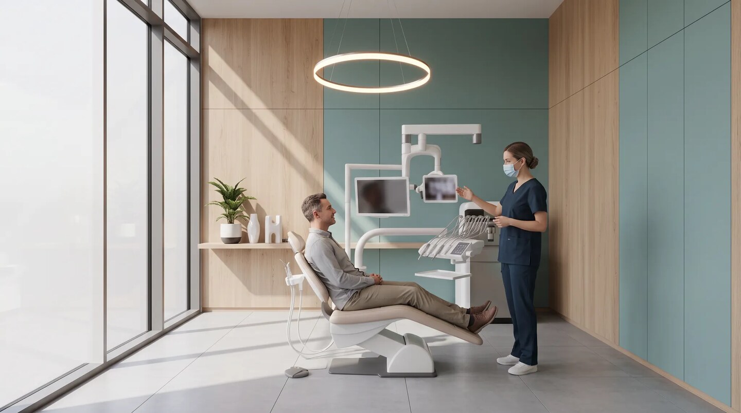Chirurgien-dentiste échangeant avec un patient assis dans un cabinet dentaire lumineux