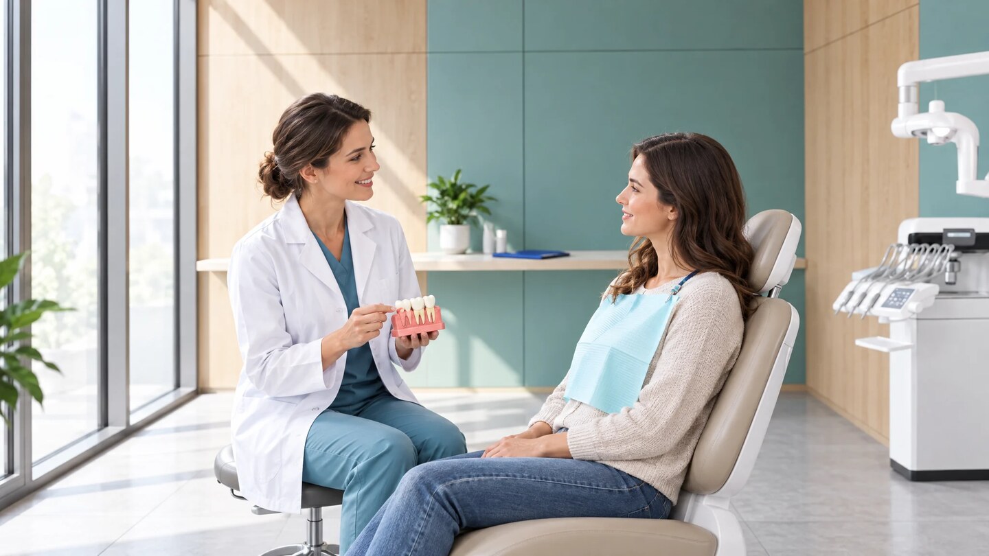 Praticienne en blouse blanche montrant un modèle de dents et de gencives à une patiente souriante assise dans un fauteuil dentaire, dans un cabinet lumineux