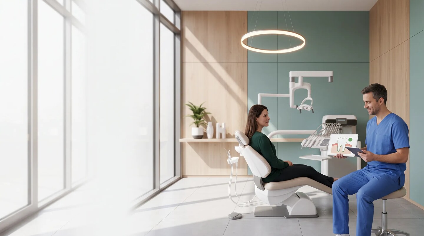 Dentiste échangeant avec une patiente dans un cabinet lumineux à propos de la santé des gencives