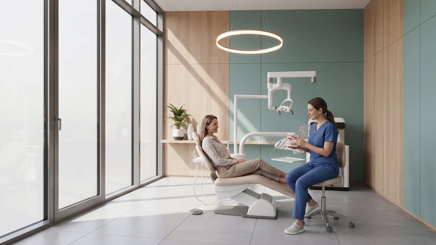 Orthodontiste en tenue bleue présentant un modèle dentaire à une patiente dans un cabinet lumineux