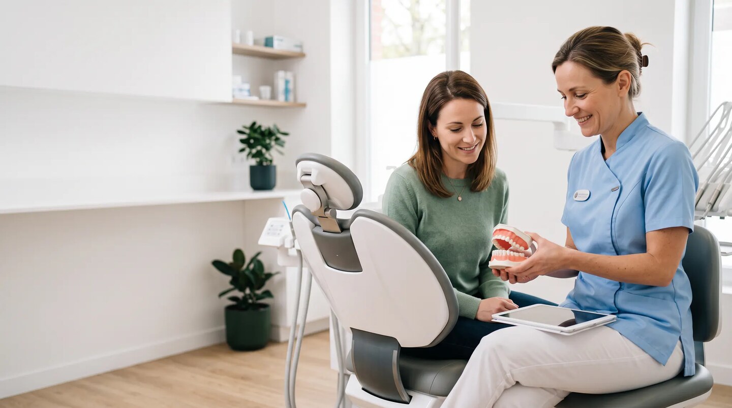 Une professionnelle dentaire présente un modèle de dents à une patiente dans un cabinet lumineux