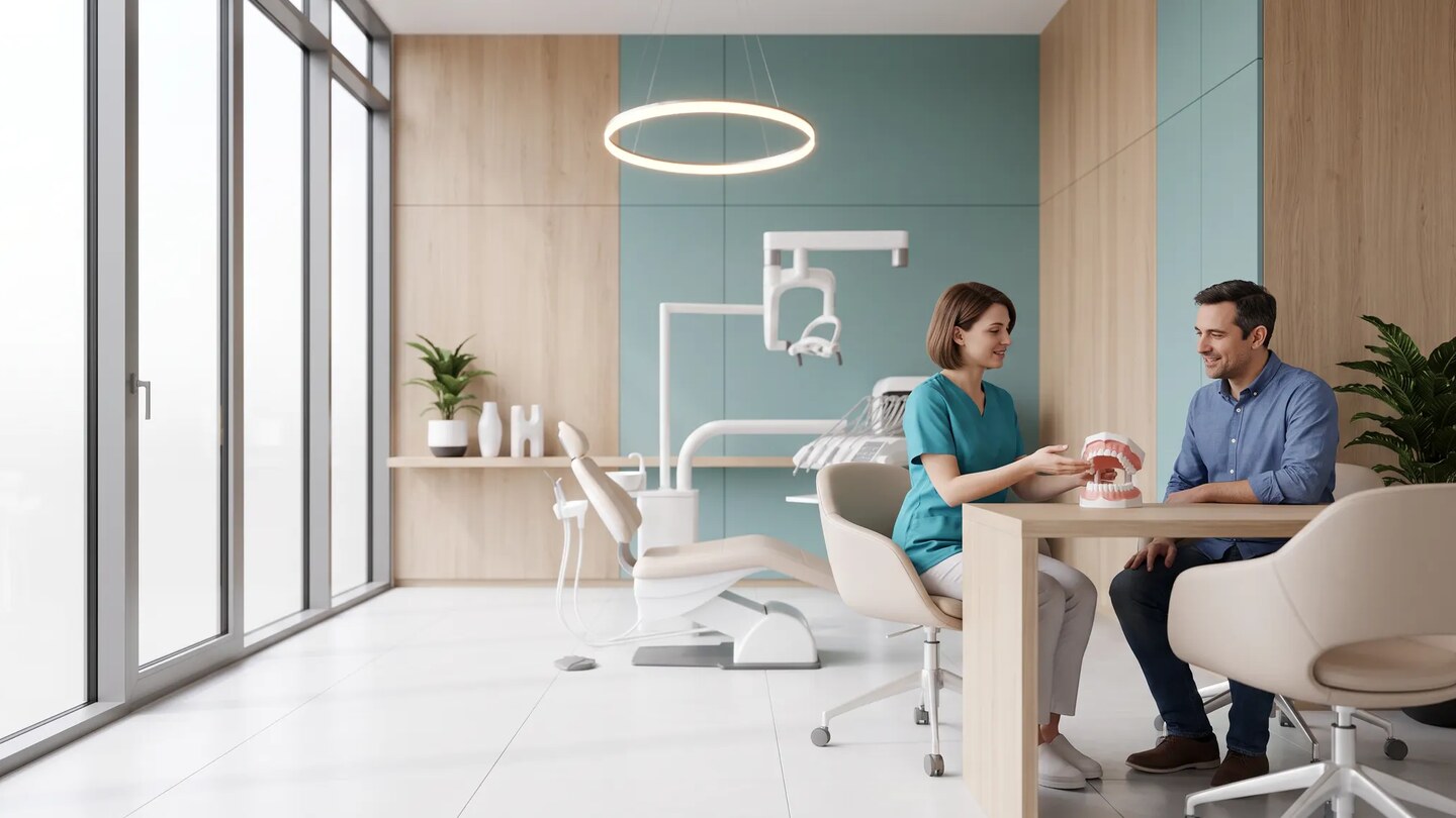 Praticienne échangeant avec un patient autour d’un modèle dentaire dans un cabinet lumineux
