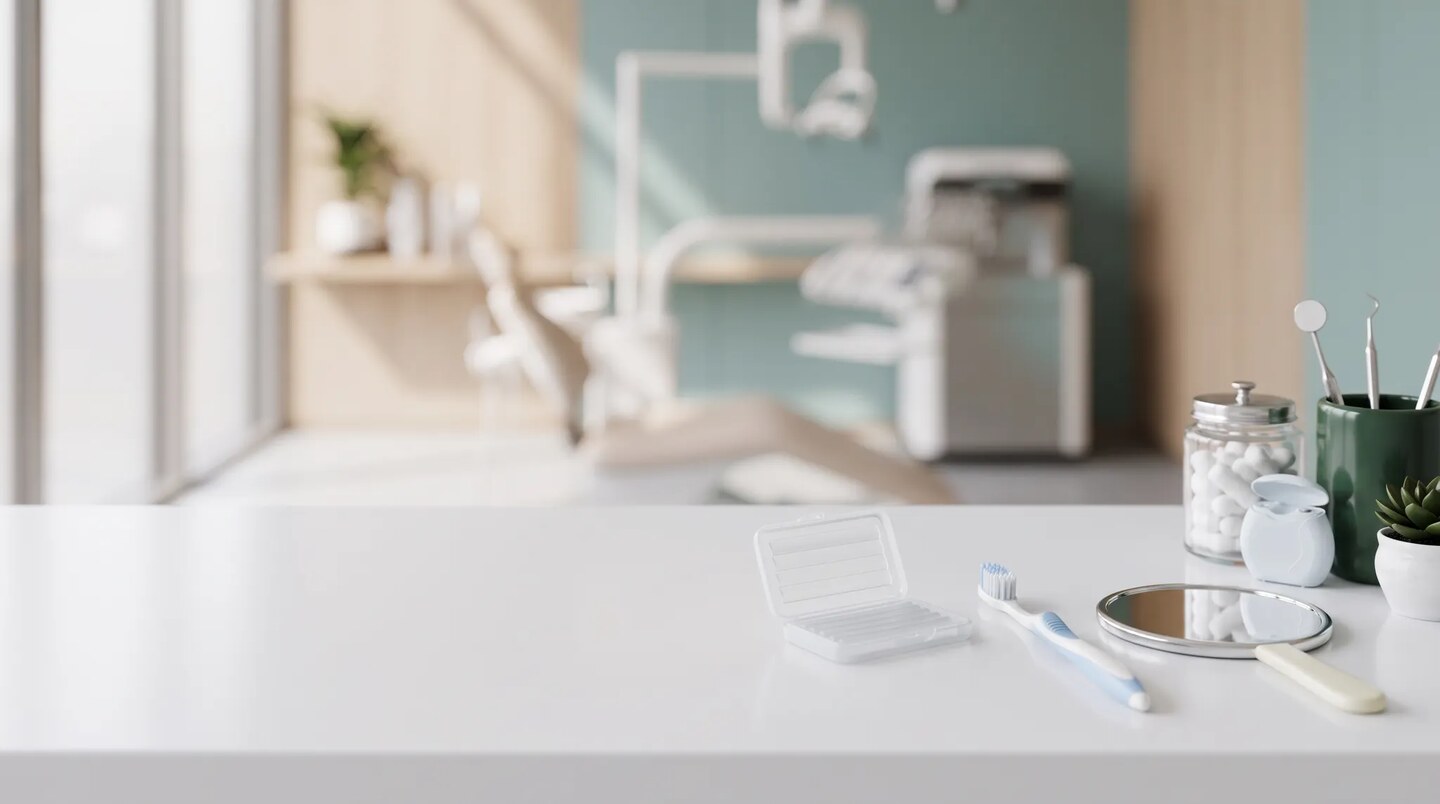 Trousse de soins orthodontiques avec cire, brosse à dents et miroir dans un cabinet lumineux