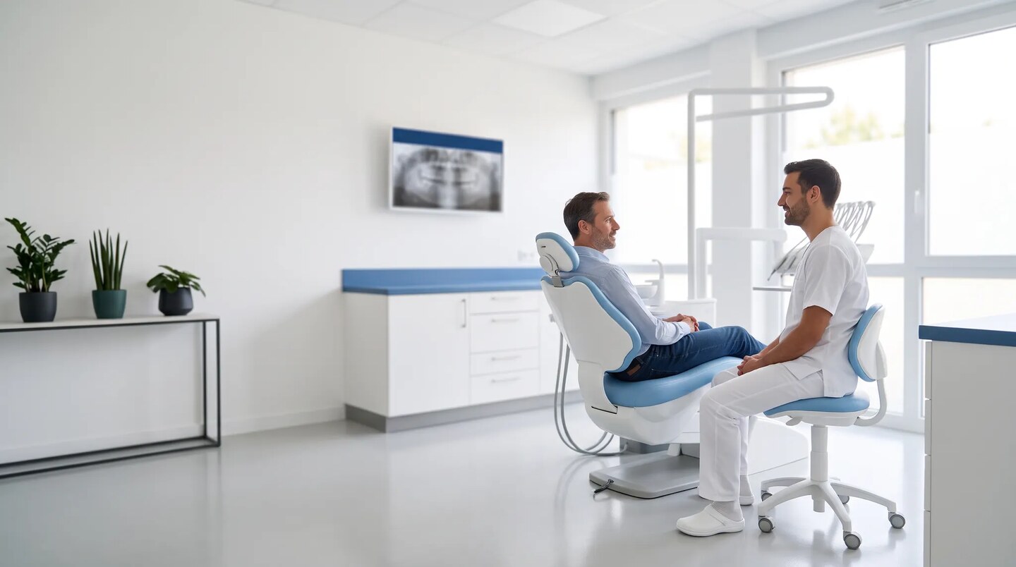 Patient adulte échangeant calmement avec un praticien dans un cabinet dentaire lumineux