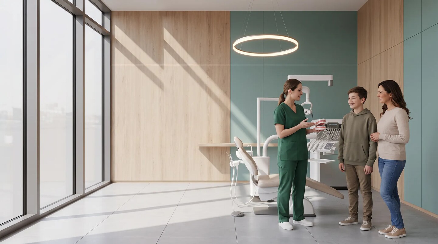 Orthodontiste échangeant avec un adolescent et sa mère autour d’un modèle dentaire dans un cabinet lumineux