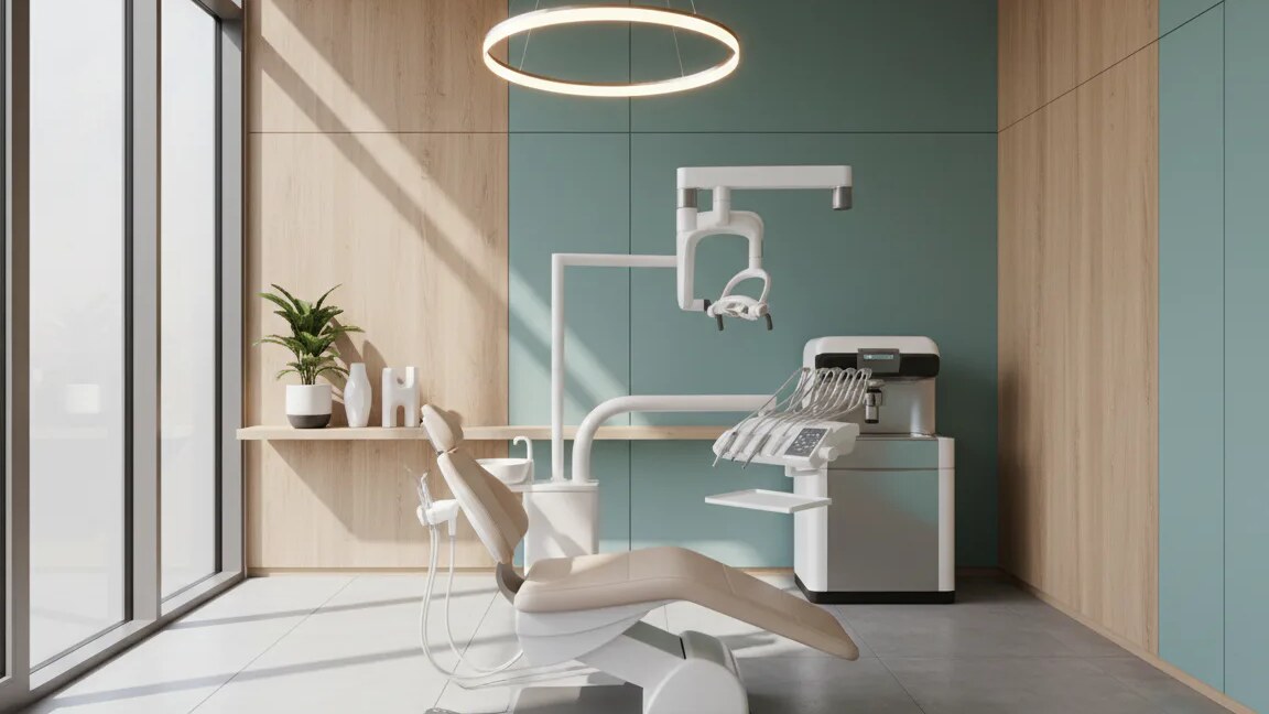 Cabinet dentaire lumineux avec fauteuil de soins et équipements dans des tons bois et bleu-vert