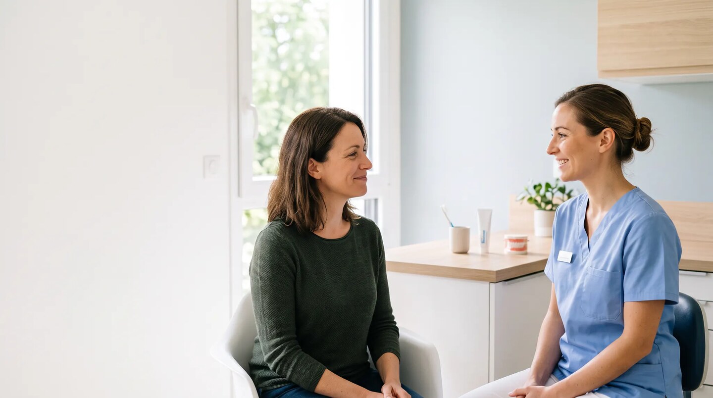 Patiente échangeant avec une professionnelle de santé dans un cabinet dentaire lumineux