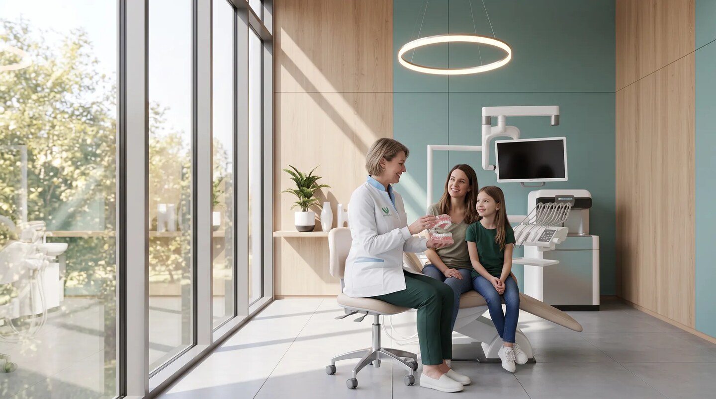 Orthodontiste présentant un modèle dentaire à une mère et son enfant dans un cabinet lumineux