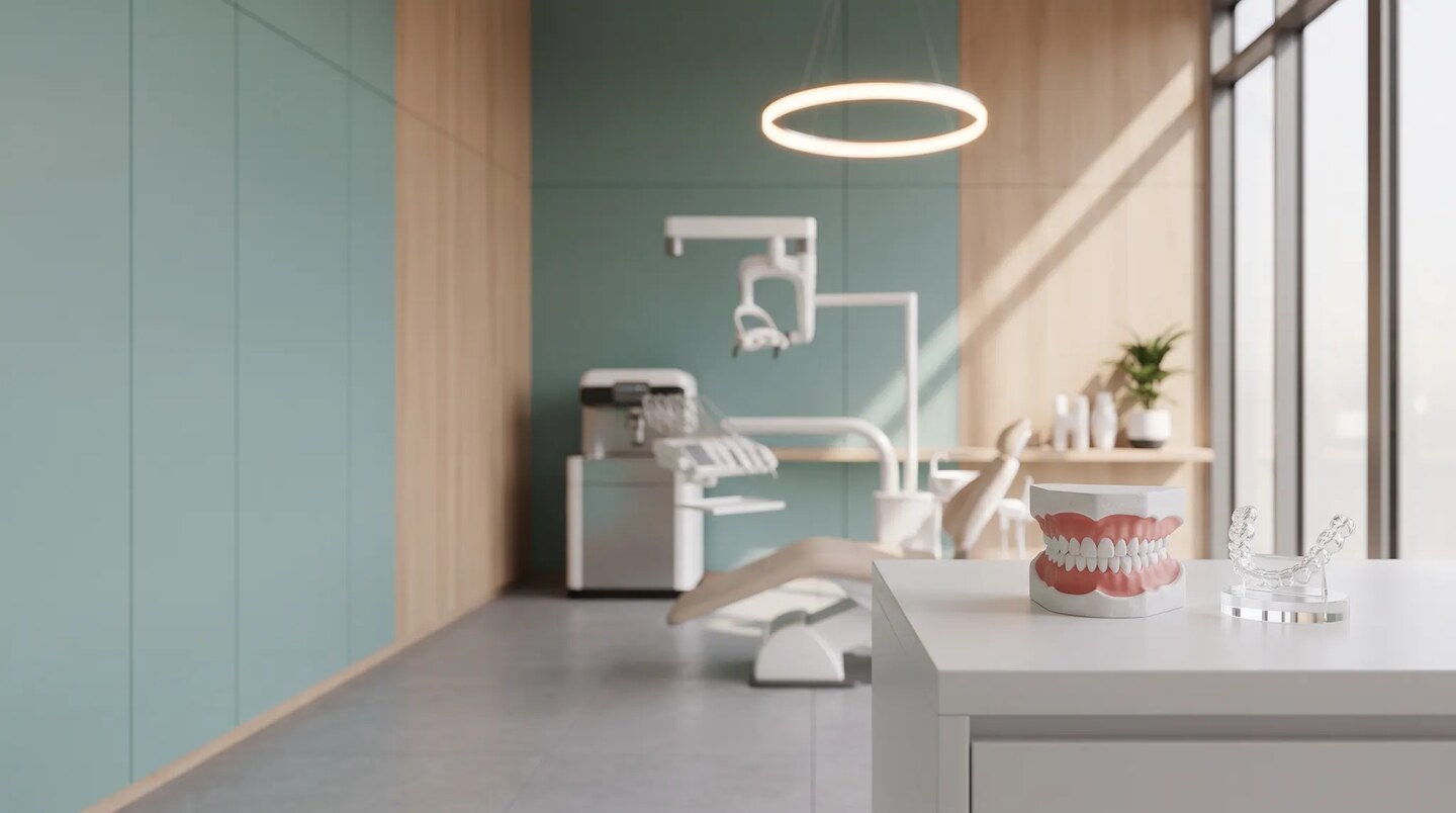 Maquette dentaire et aligneur transparent posés dans une salle de soins lumineuse aux tons bleu et bois