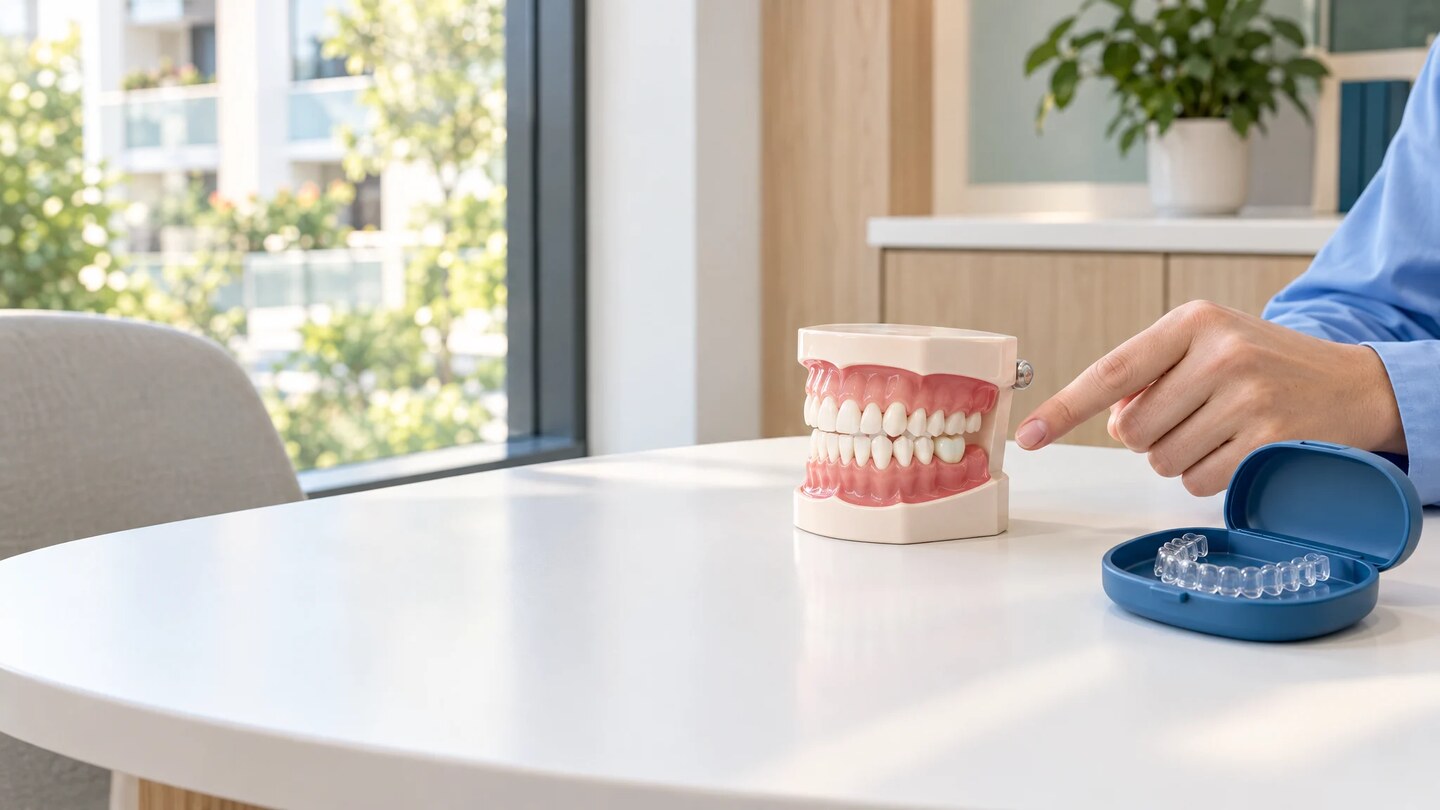 Image illustrative d'une main montrant un modèle dentaire sur une table, à côté d'un aligneur transparent dans un étui bleu