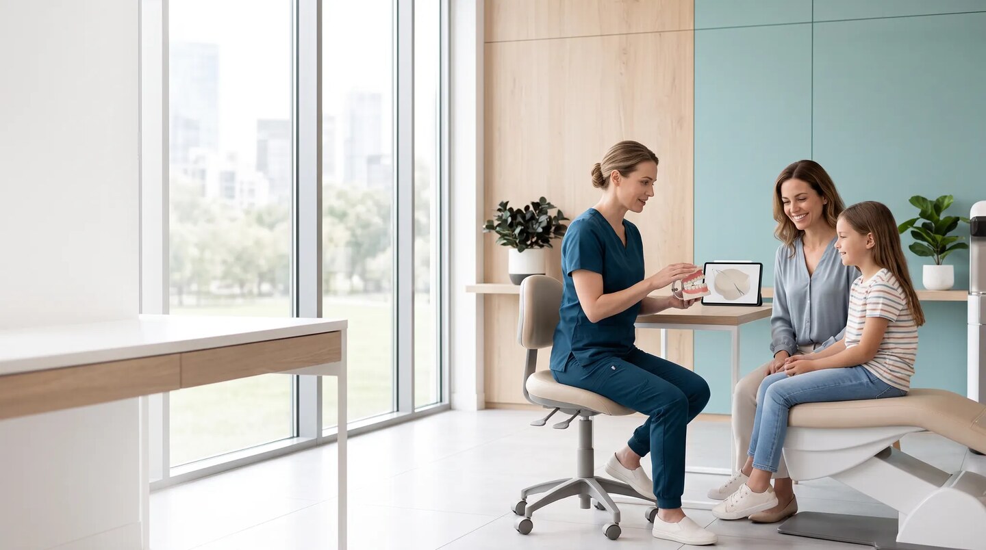 Orthodontiste échangeant avec une mère et son enfant autour d’un modèle dentaire dans un cabinet lumineux