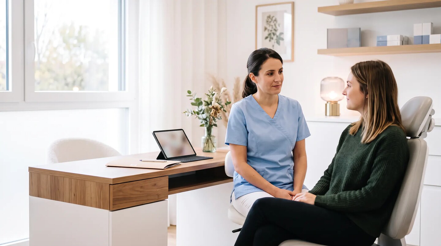 Orthodontiste échangeant avec une patiente assise dans un cabinet lumineux avant un premier bilan