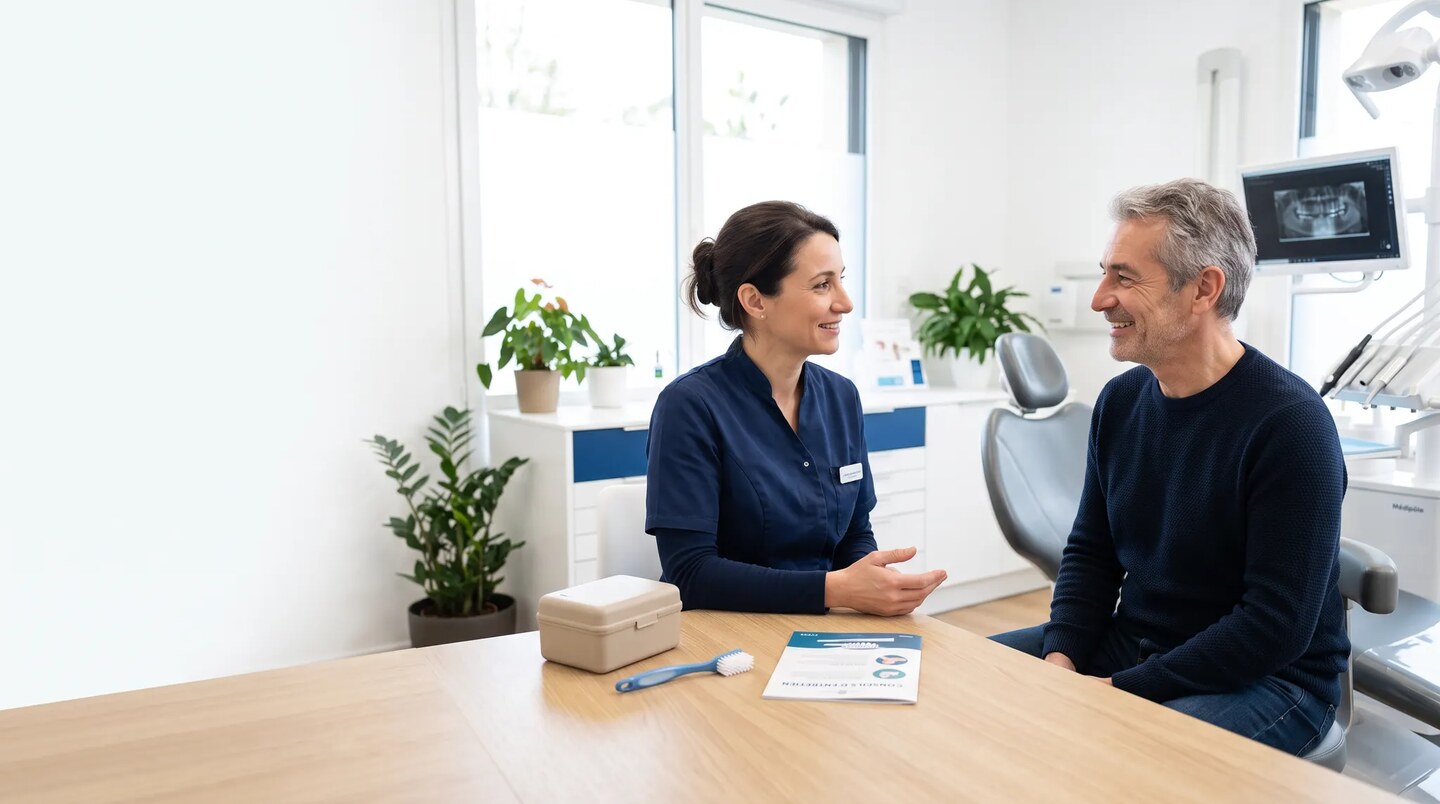 Patient adulte échangeant avec une chirurgienne-dentiste dans un cabinet lumineux, avec une boîte et une brosse à prothèse sur la table