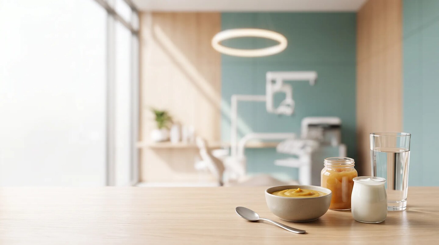 Bol de purée, compote, yaourt et verre d’eau sur une table dans un cabinet dentaire lumineux