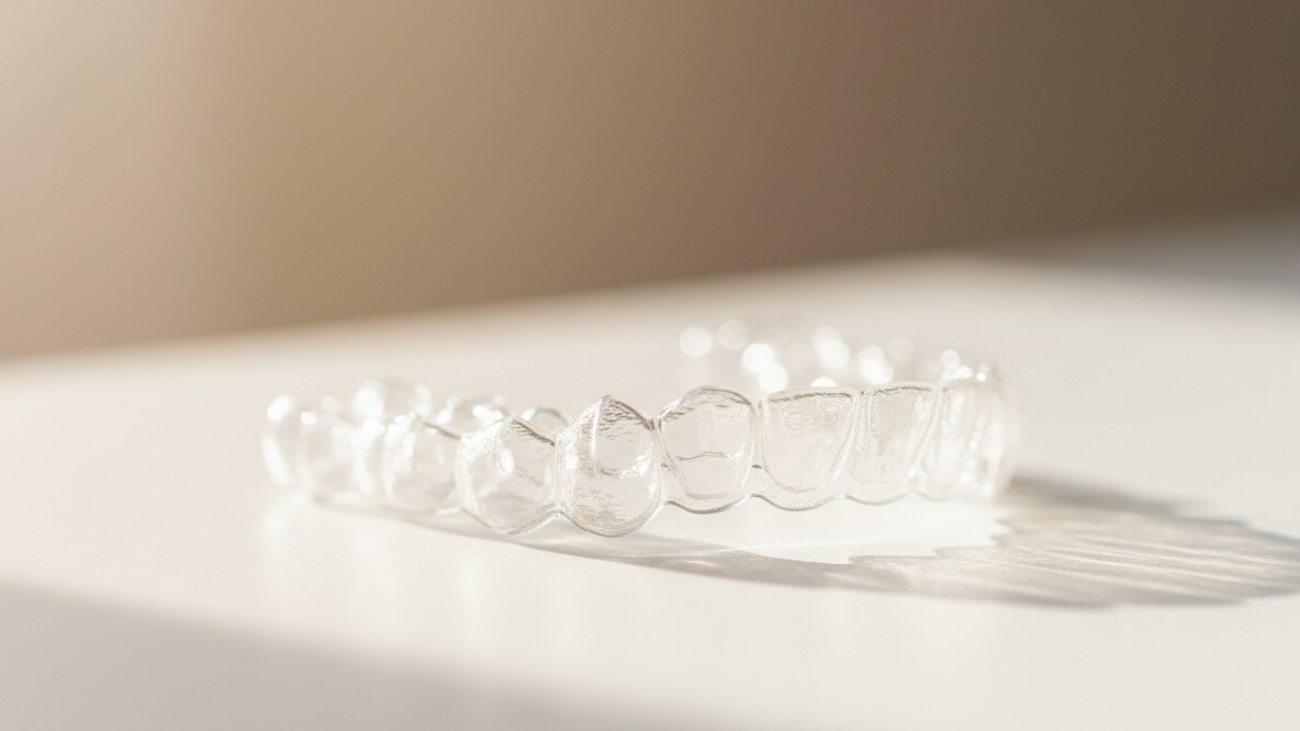 Aligneur orthodontique transparent posé sur une surface claire