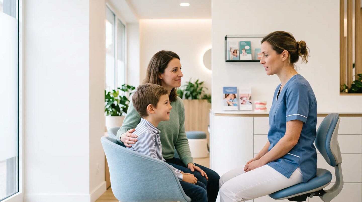 Enfant accompagné de sa mère échangeant avec une professionnelle de santé dans un cabinet dentaire lumineux