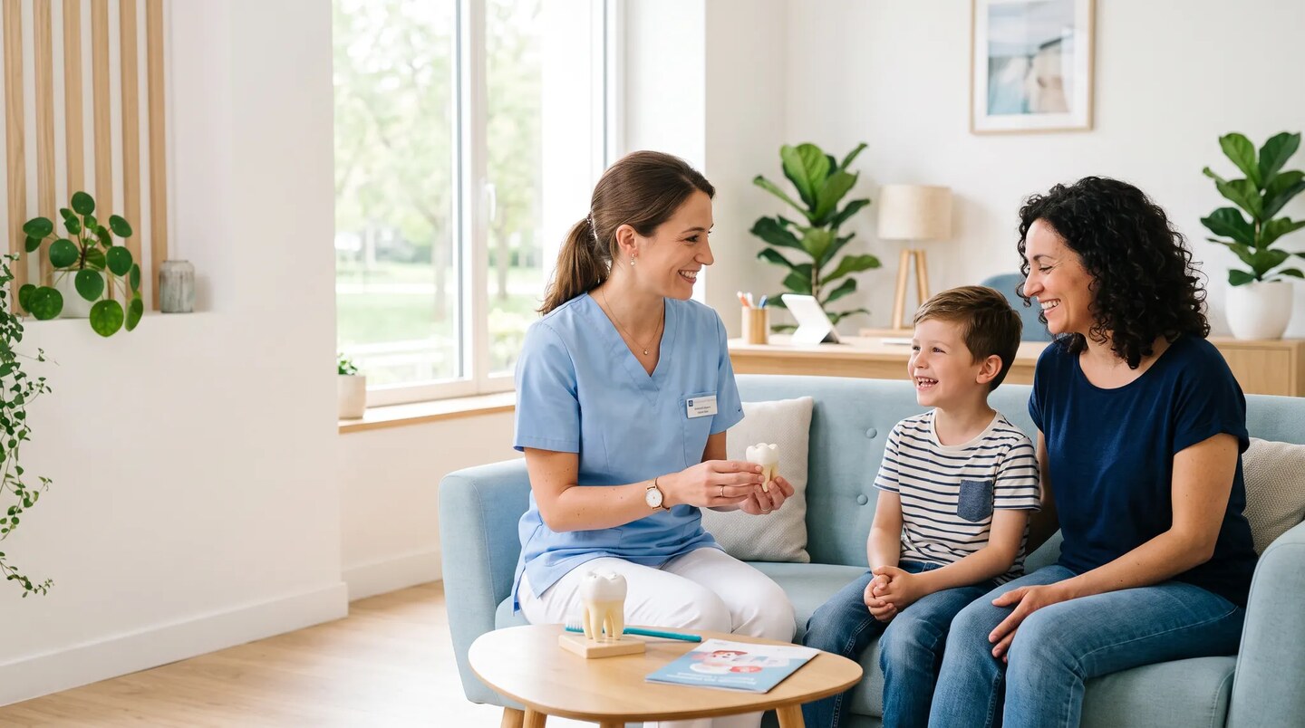 Chirurgienne-dentiste échangeant avec un enfant et sa mère dans un cabinet lumineux, avec un modèle de molaire