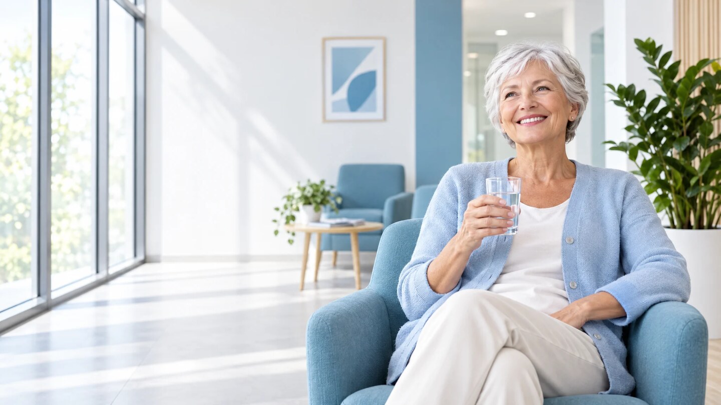 Une femme senior aux cheveux gris, souriante, en gilet bleu clair, tient un verre d'eau assise dans un fauteuil bleu d'une salle d'attente lumineuse avec des plantes vertes