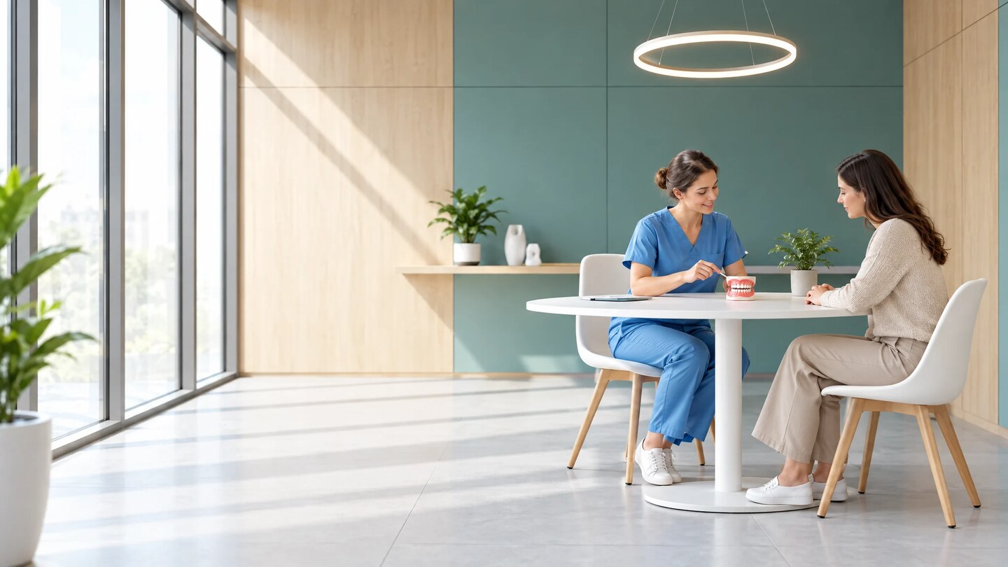 Praticienne en tenue bleue expliquant un modèle dentaire à une patiente assise à une table dans un cabinet lumineux