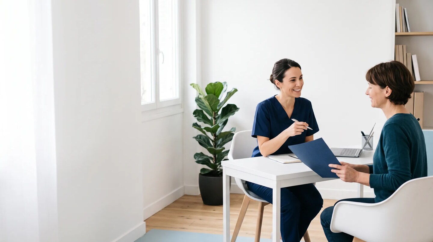 Professionnelle de santé échangeant avec une patiente tenant un dossier bleu dans un cabinet lumineux