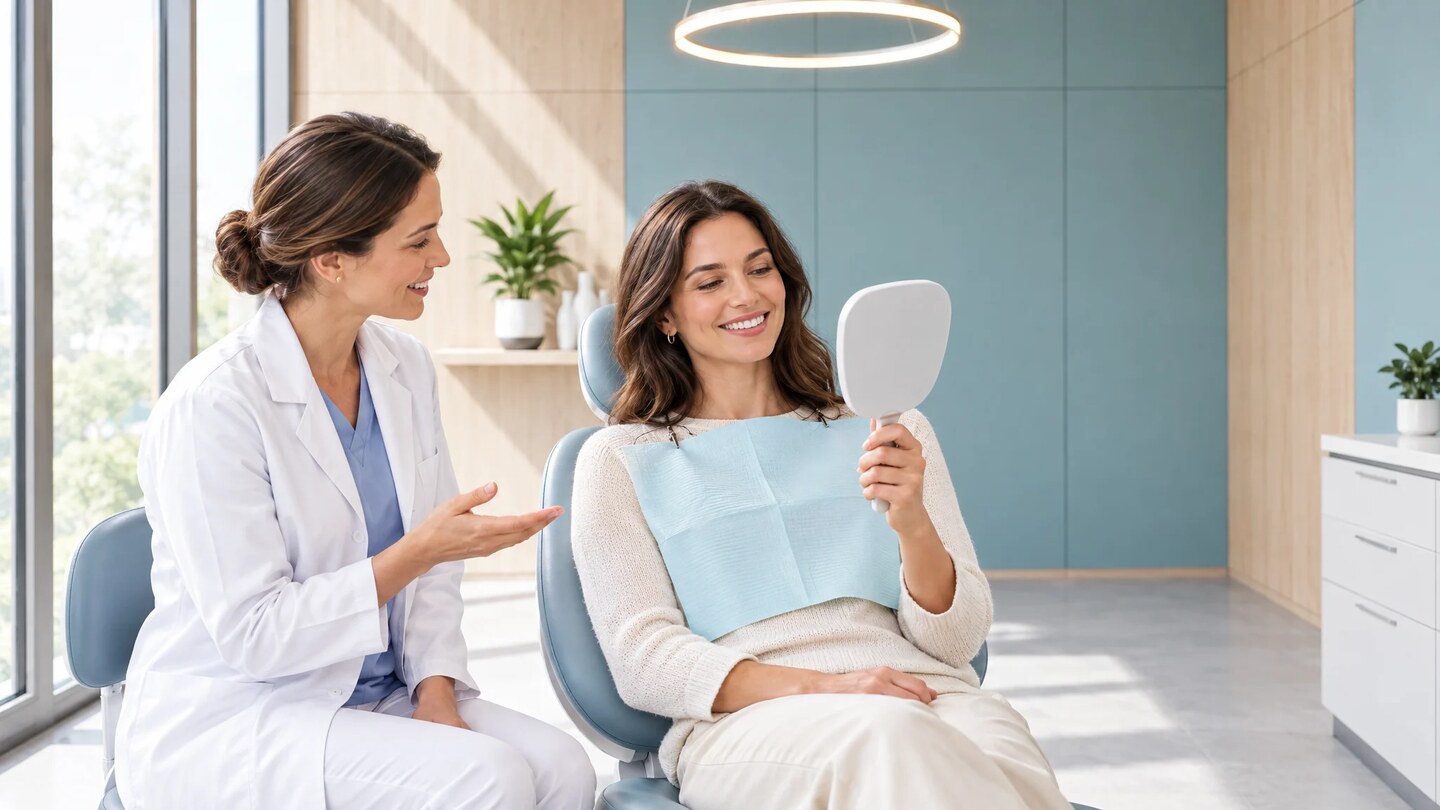 Patiente souriante tenant un miroir à main dans un fauteuil dentaire, aux côtés d'une praticienne en blouse blanche, dans un cabinet lumineux